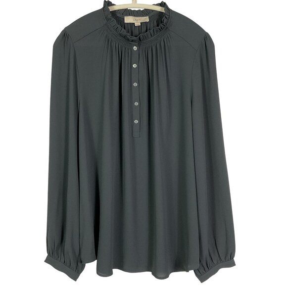 NWT LOFT Long Sleeve, Ruffle Neck Blouse in Dark Gray, XL, 100% Poly - Picture 1 of 10